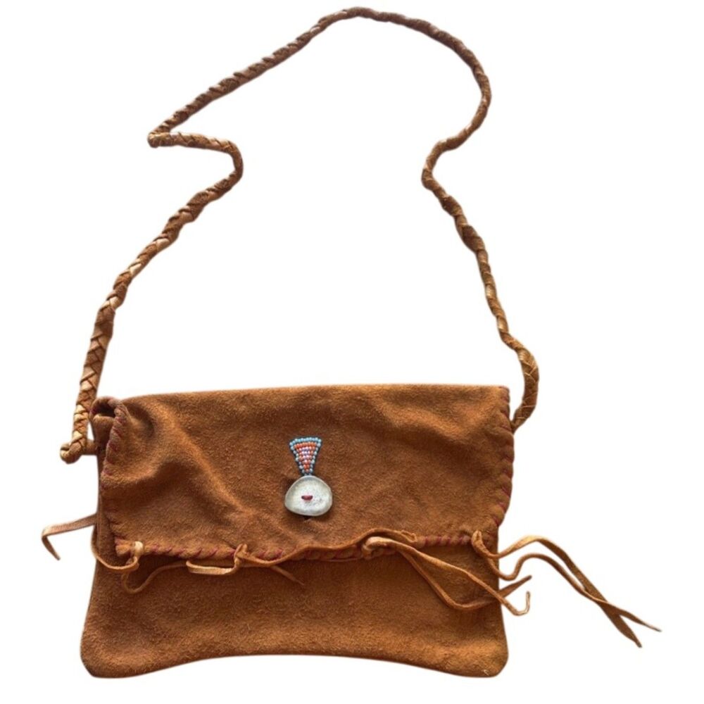 Vintage 1970s Deerskin Suede Shoulder Bag New Mexico Antler Beaded Detail